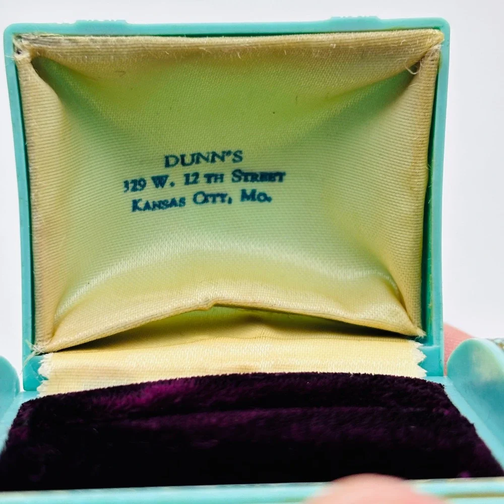 Vintage Dunn's Art Deco Turquoise Gold Floral Ring Box Kansas City MO 1930s